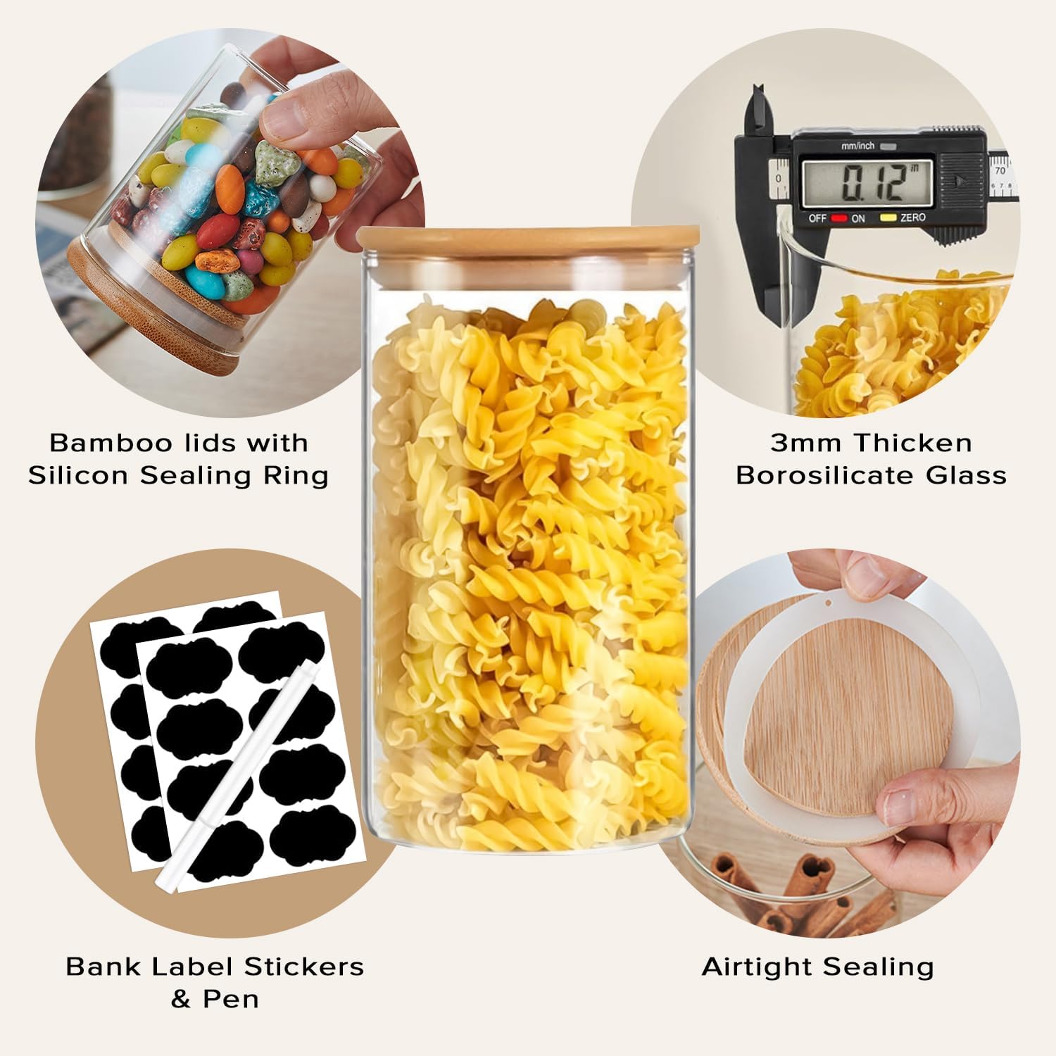 12 Pack Glass Storage Jars with Bamboo Lids for Kitchen Pantry, Pasta, Snacks, Cookies, Candy & More