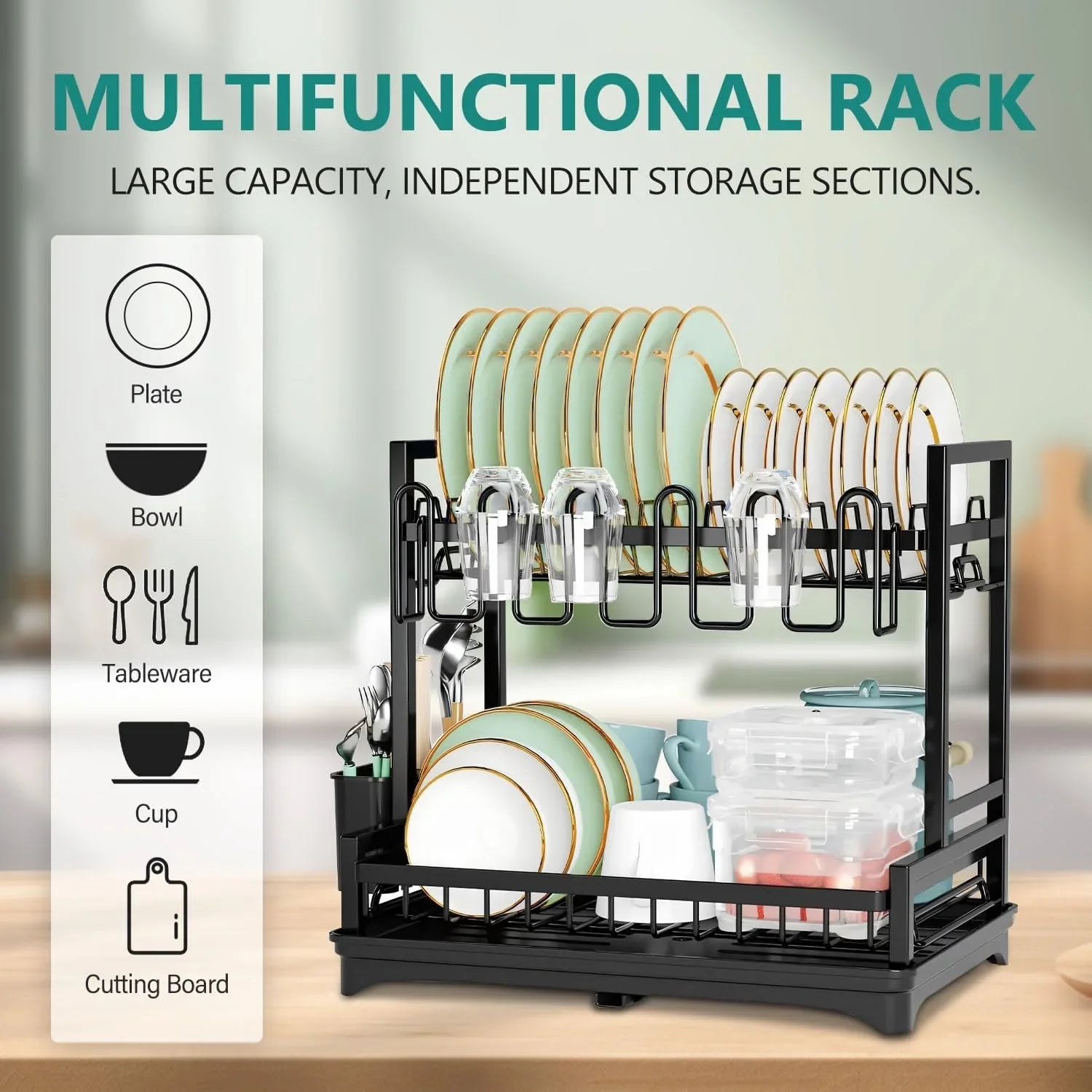 Dish Drying Rack 2-Tier Kitchen Drainer with Drainboard