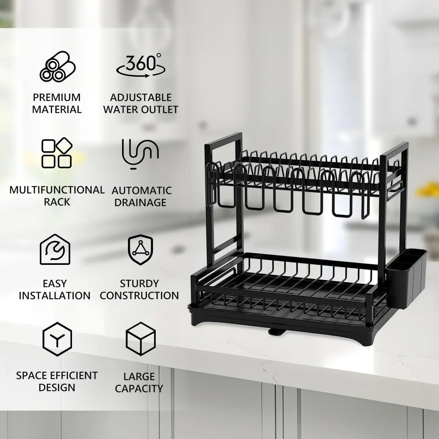 Dish Drying Rack 2-Tier Kitchen Drainer with Drainboard