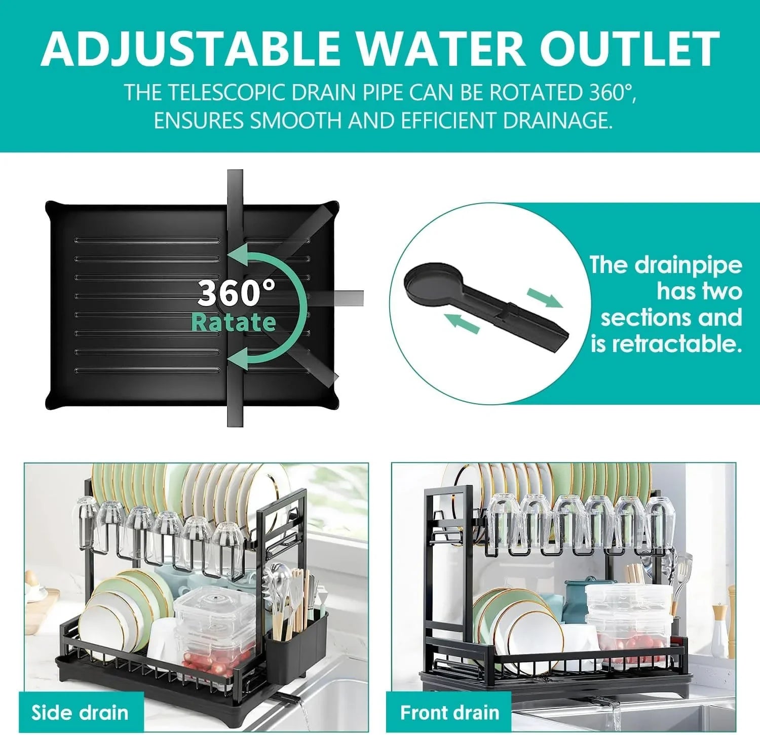Dish Drying Rack 2-Tier Kitchen Drainer with Drainboard