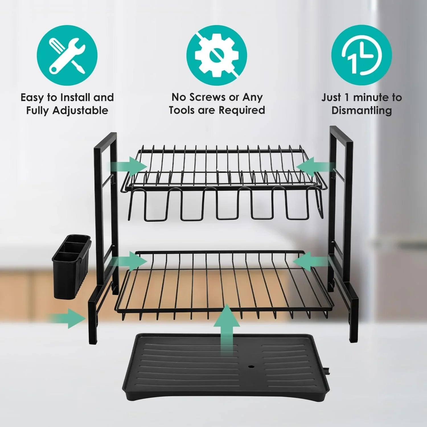 Dish Drying Rack 2-Tier Kitchen Drainer with Drainboard