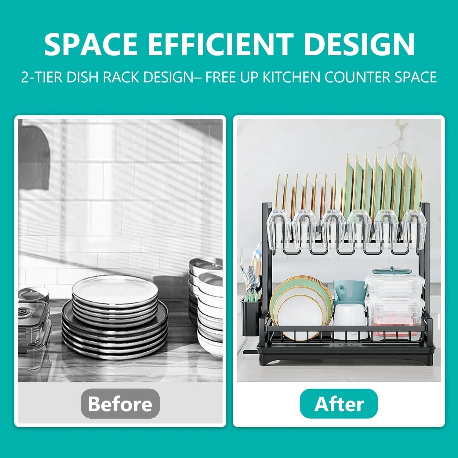 Dish Drying Rack 2-Tier Kitchen Drainer with Drainboard