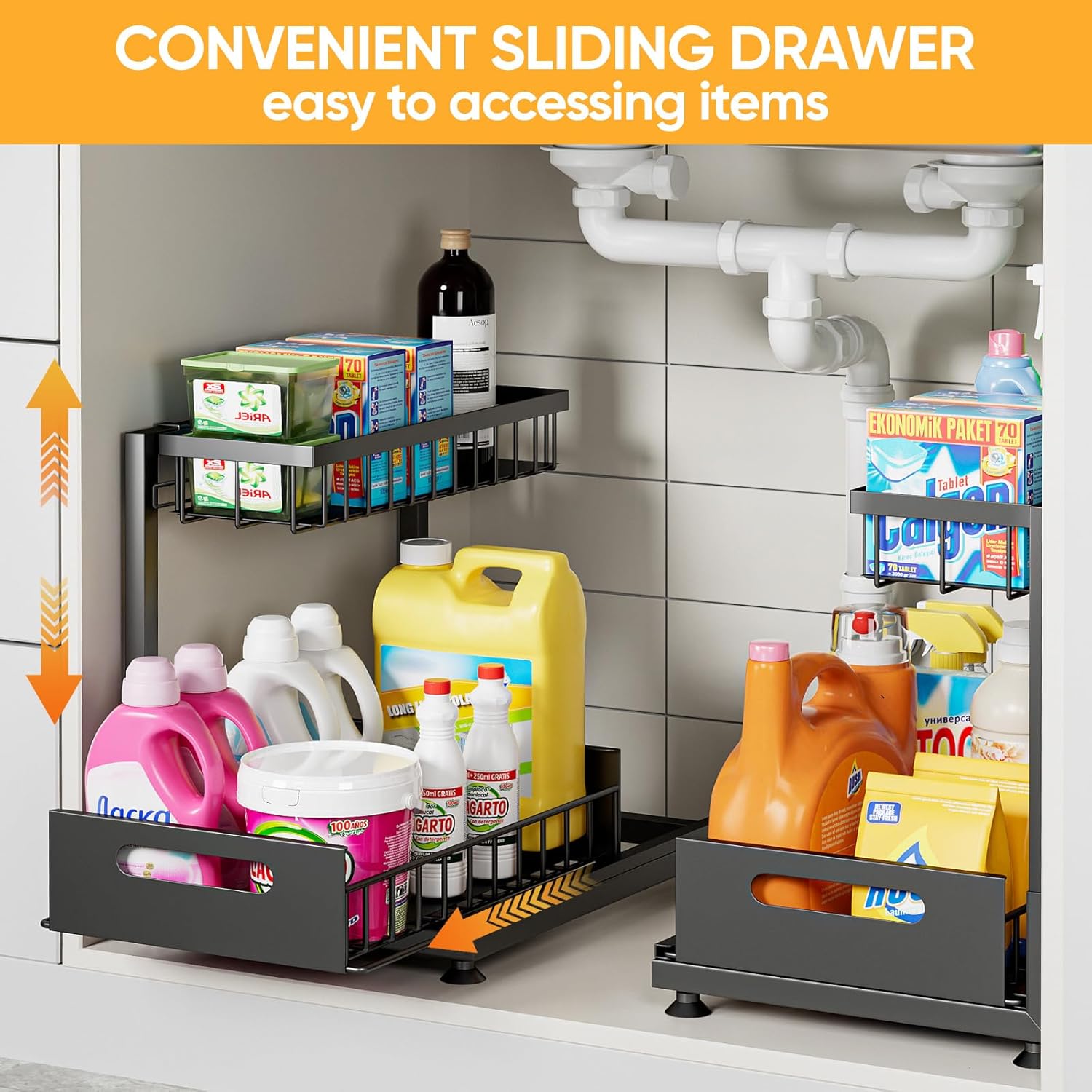 2 Tier Under Sink Organiser with Sliding Drawers for Kitchen & Bathroom