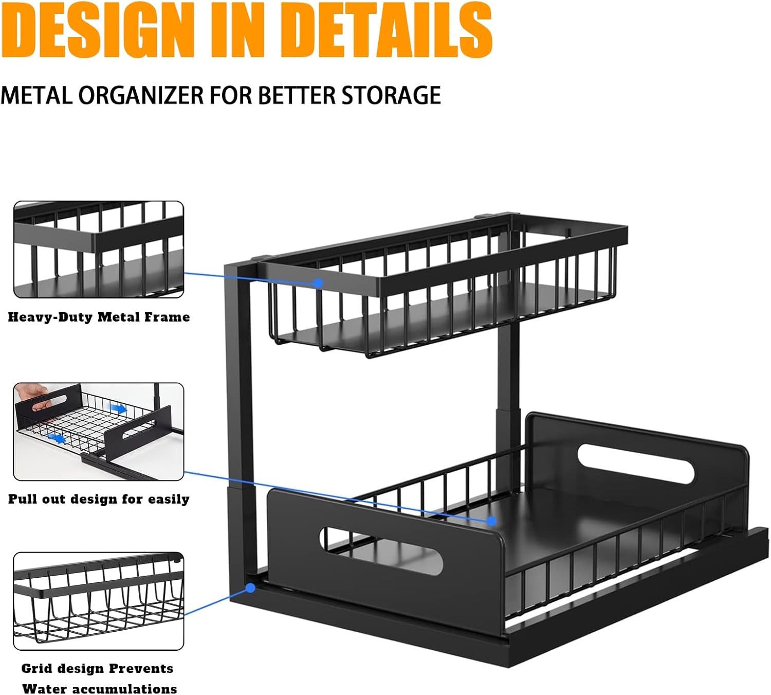 2 Tier Under Sink Organiser with Sliding Drawers for Kitchen & Bathroom
