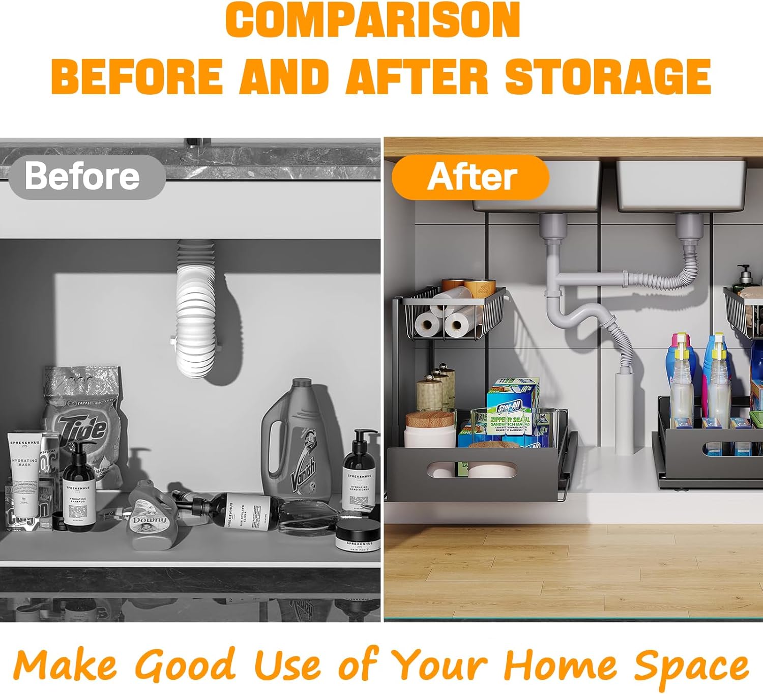 2 Tier Under Sink Organiser with Sliding Drawers for Kitchen & Bathroom