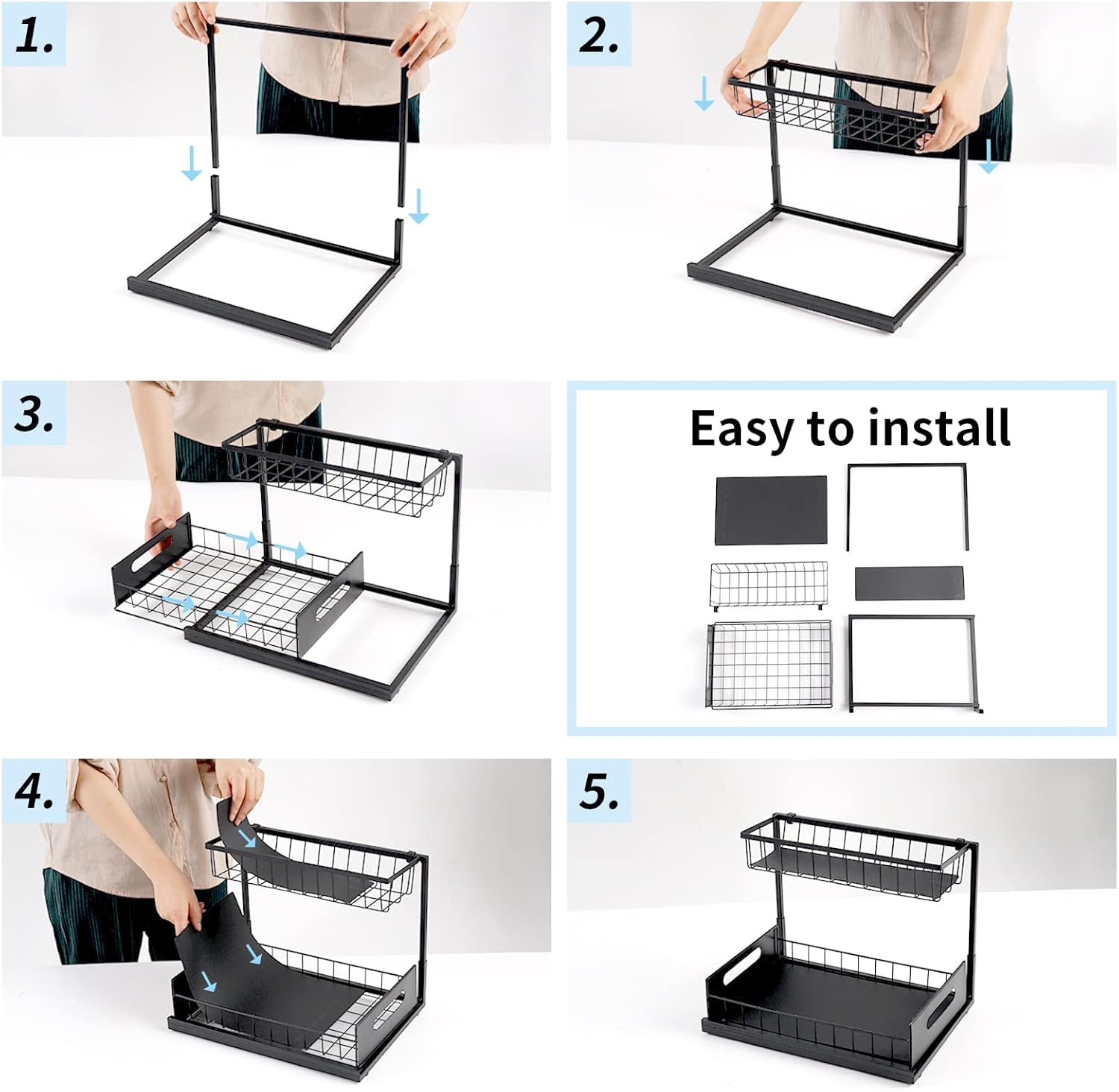 2 Tier Under Sink Organiser with Sliding Drawers for Kitchen & Bathroom