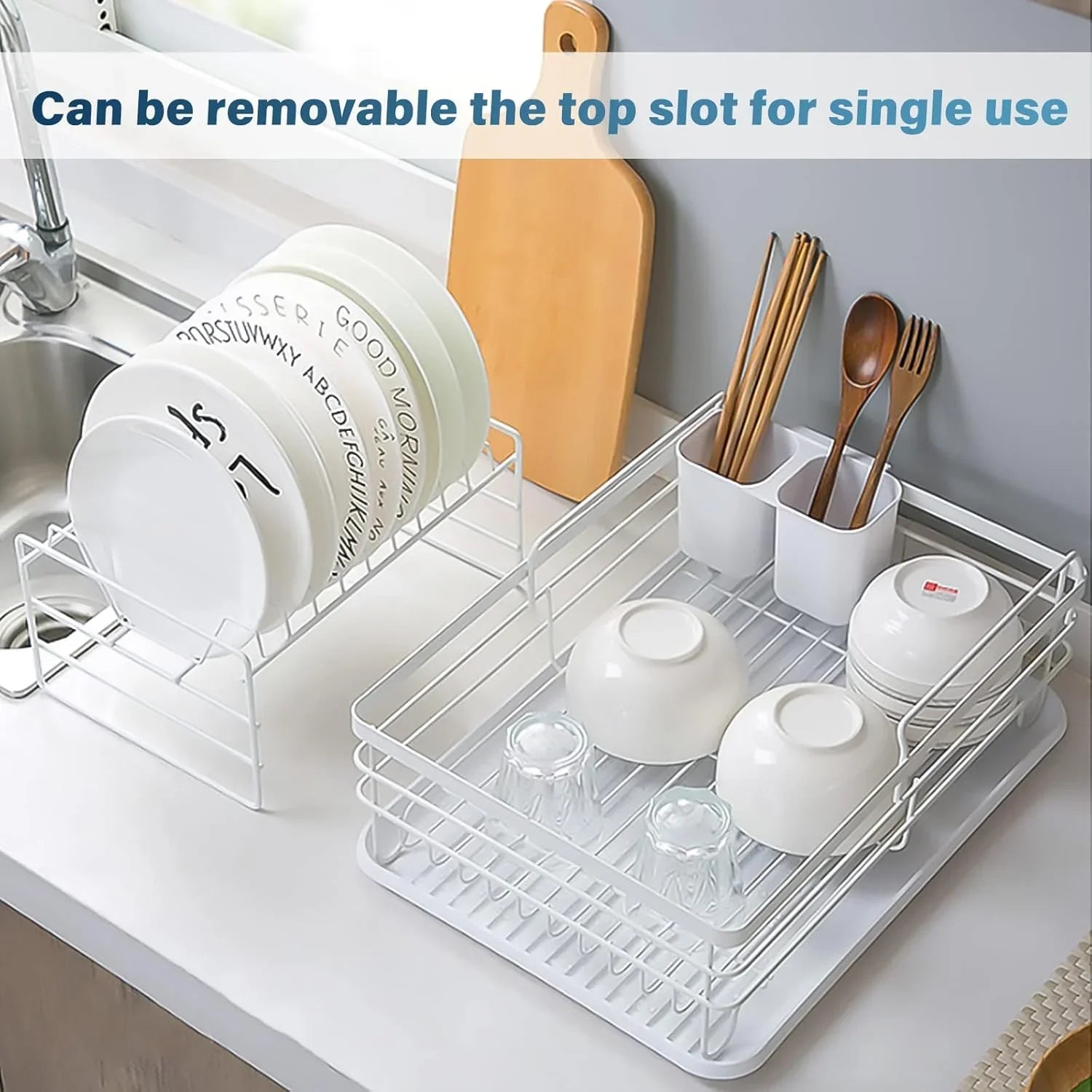 2-Tier Dish Drying Rack for Kitchen Counter with Removable Drip Tray, Utensil Holder and Cutlery Organizer