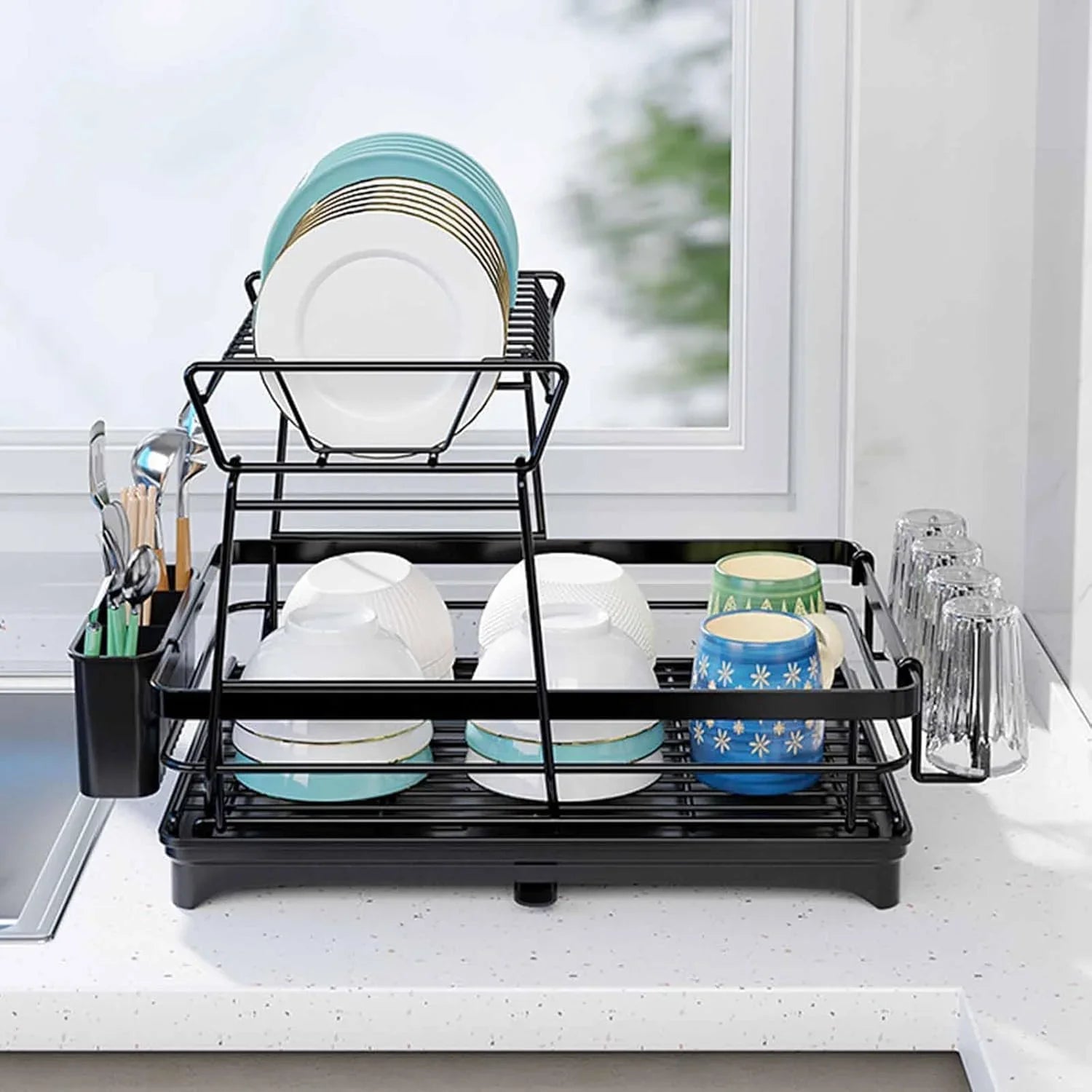 2-Tier Dish Drying Rack for Kitchen Counter with Drainboard, Utensil Holder, Cup Rack & Cutlery Organizer