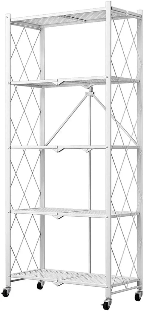 5-Tier Foldable Storage Shelf with Wheels for Kitchen, Garage, Pantry or Basement (White)