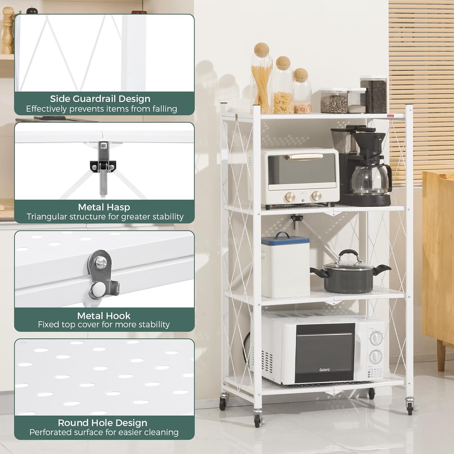 CARLA HOME 5-Tier Foldable Storage Shelf with Wheels for Kitchen, Garage, Pantry or Basement (White)