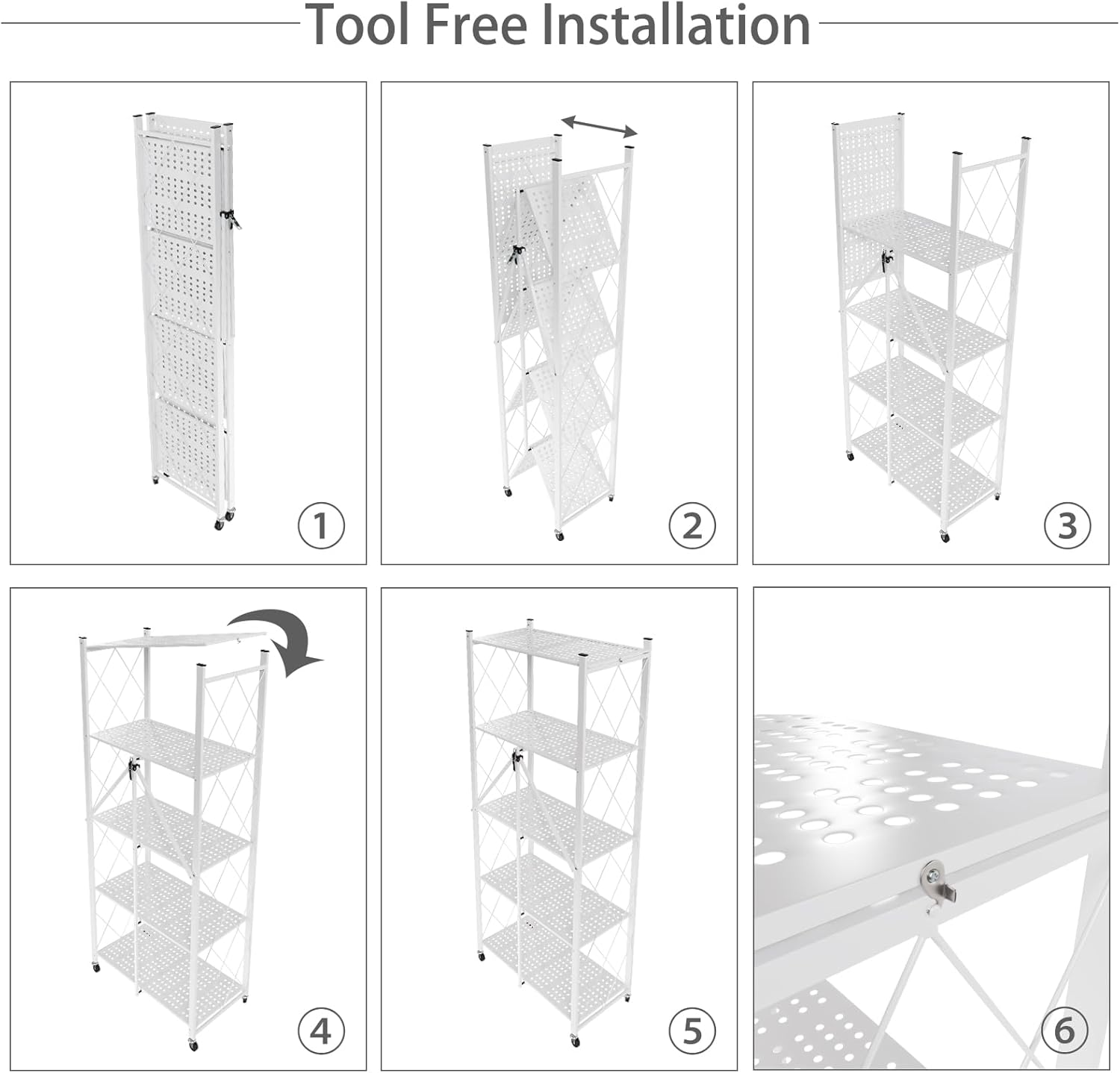 CARLA HOME 5-Tier Foldable Storage Shelf with Wheels for Kitchen, Garage, Pantry or Basement (White)