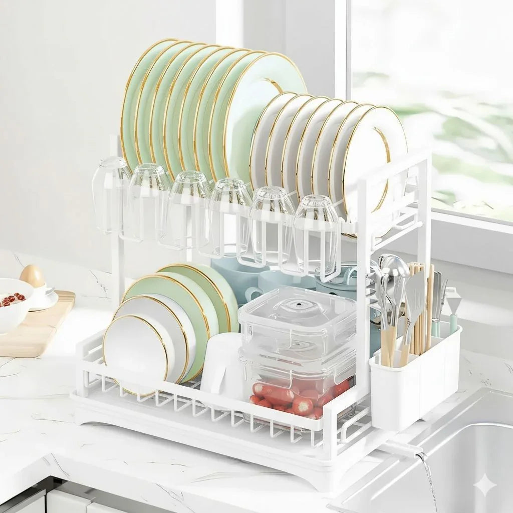 Dish Drying Rack 2-Tier Kitchen Drainer with Drainboard (White)