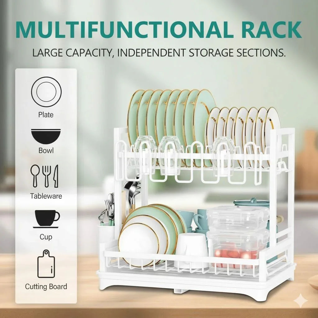Dish Drying Rack 2-Tier Kitchen Drainer with Drainboard (White)