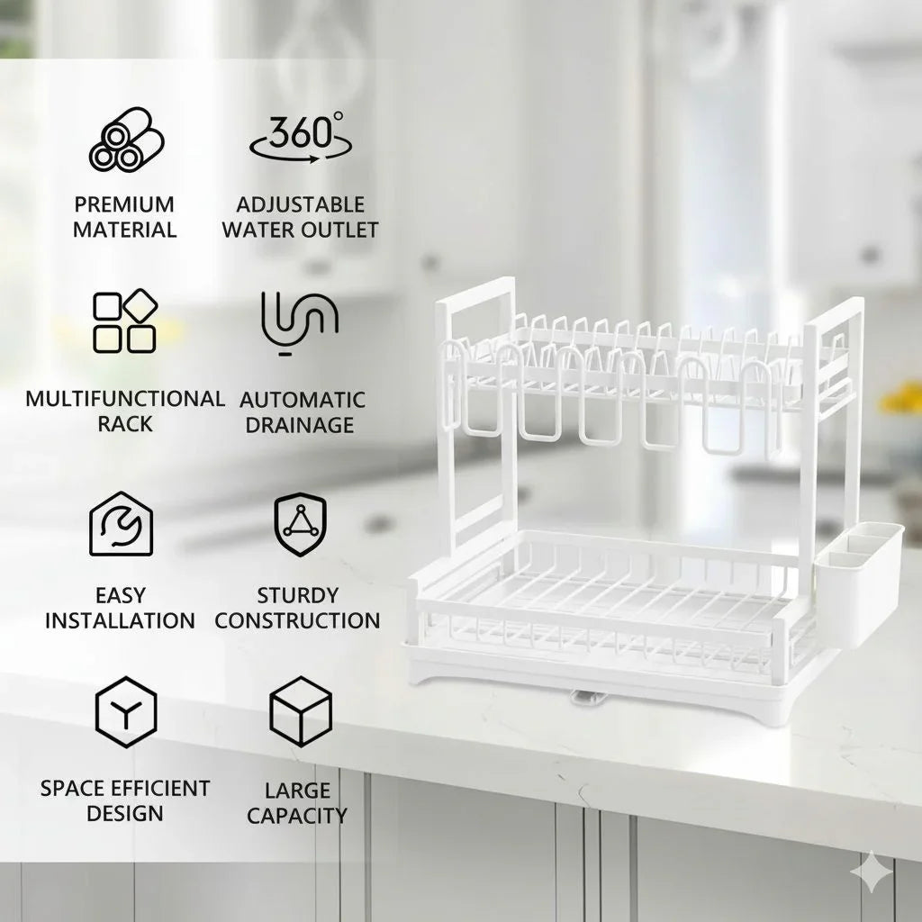 Dish Drying Rack 2-Tier Kitchen Drainer with Drainboard (White)