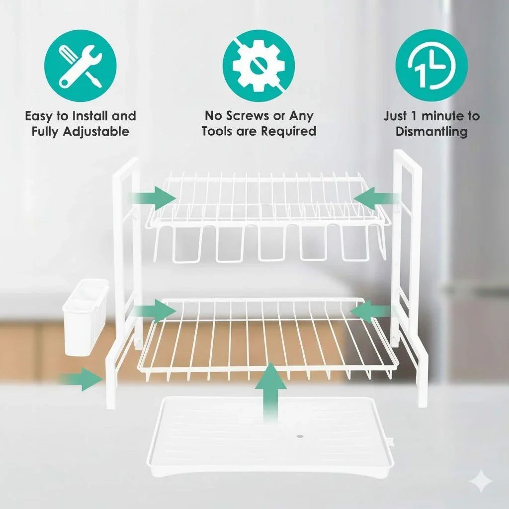 Dish Drying Rack 2-Tier Kitchen Drainer with Drainboard (White)