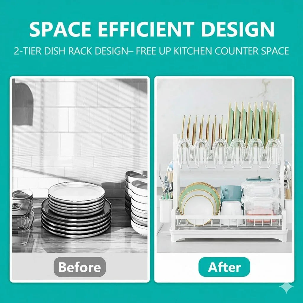 Dish Drying Rack 2-Tier Kitchen Drainer with Drainboard (White)