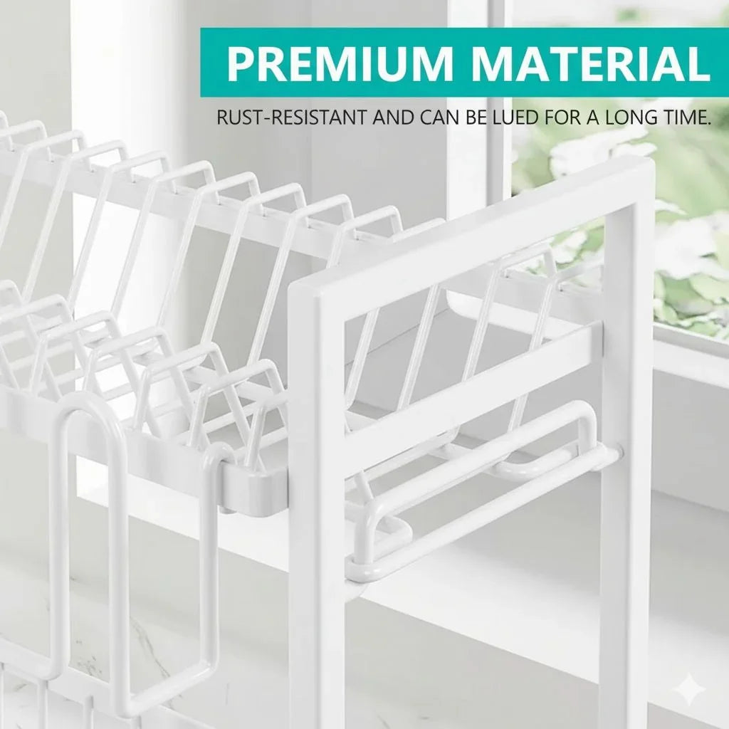 Dish Drying Rack 2-Tier Kitchen Drainer with Drainboard (White)