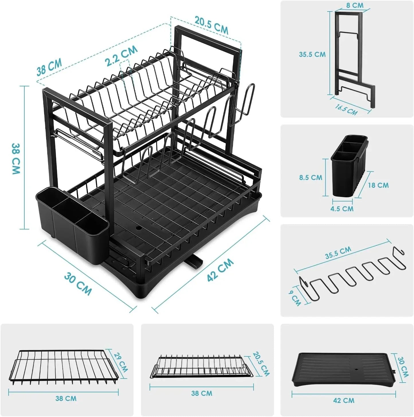 Dish Drying Rack 2-Tier Kitchen Drainer with Drainboard (White)