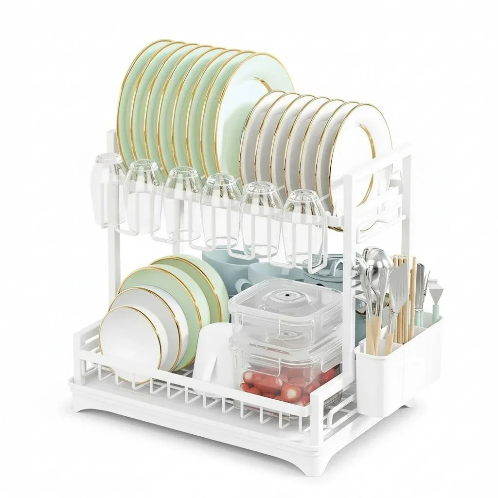 Dish Drying Rack 2-Tier Kitchen Drainer with Drainboard (White)