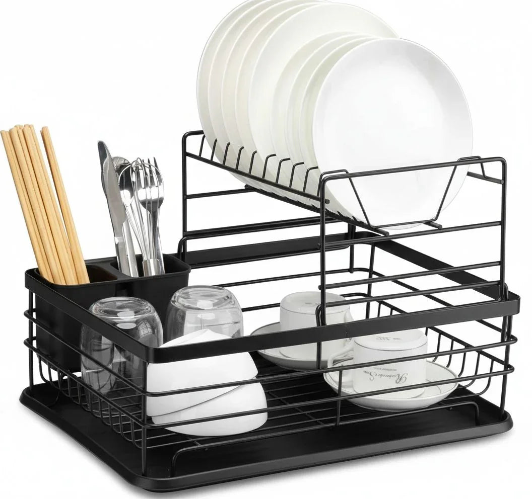 2-Tier Dish Drying Rack for Kitchen Counter with Removable Drip Tray, Utensil Holder and Cutlery Organizer (Black)