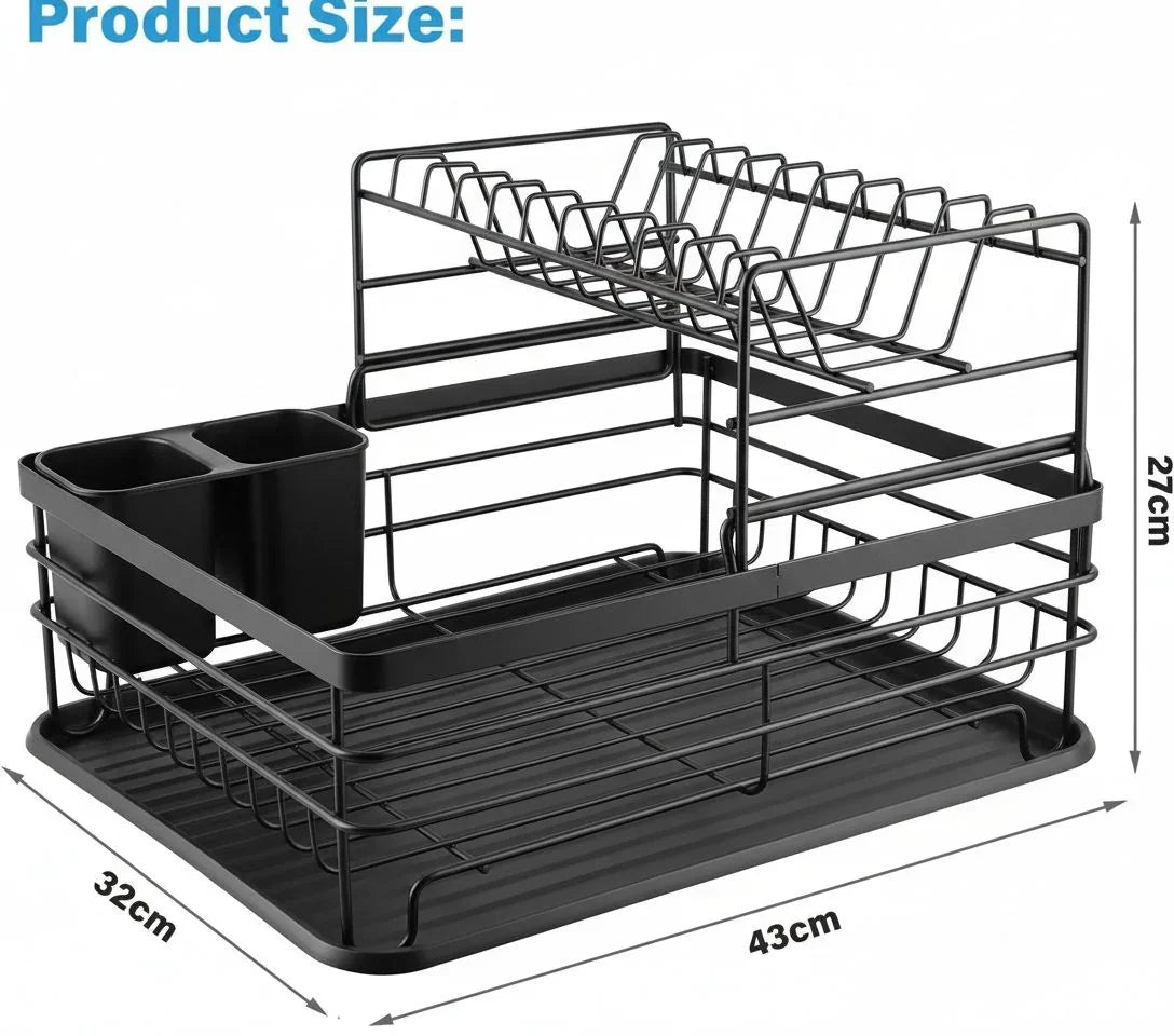 2-Tier Dish Drying Rack for Kitchen Counter with Removable Drip Tray, Utensil Holder and Cutlery Organizer (Black)
