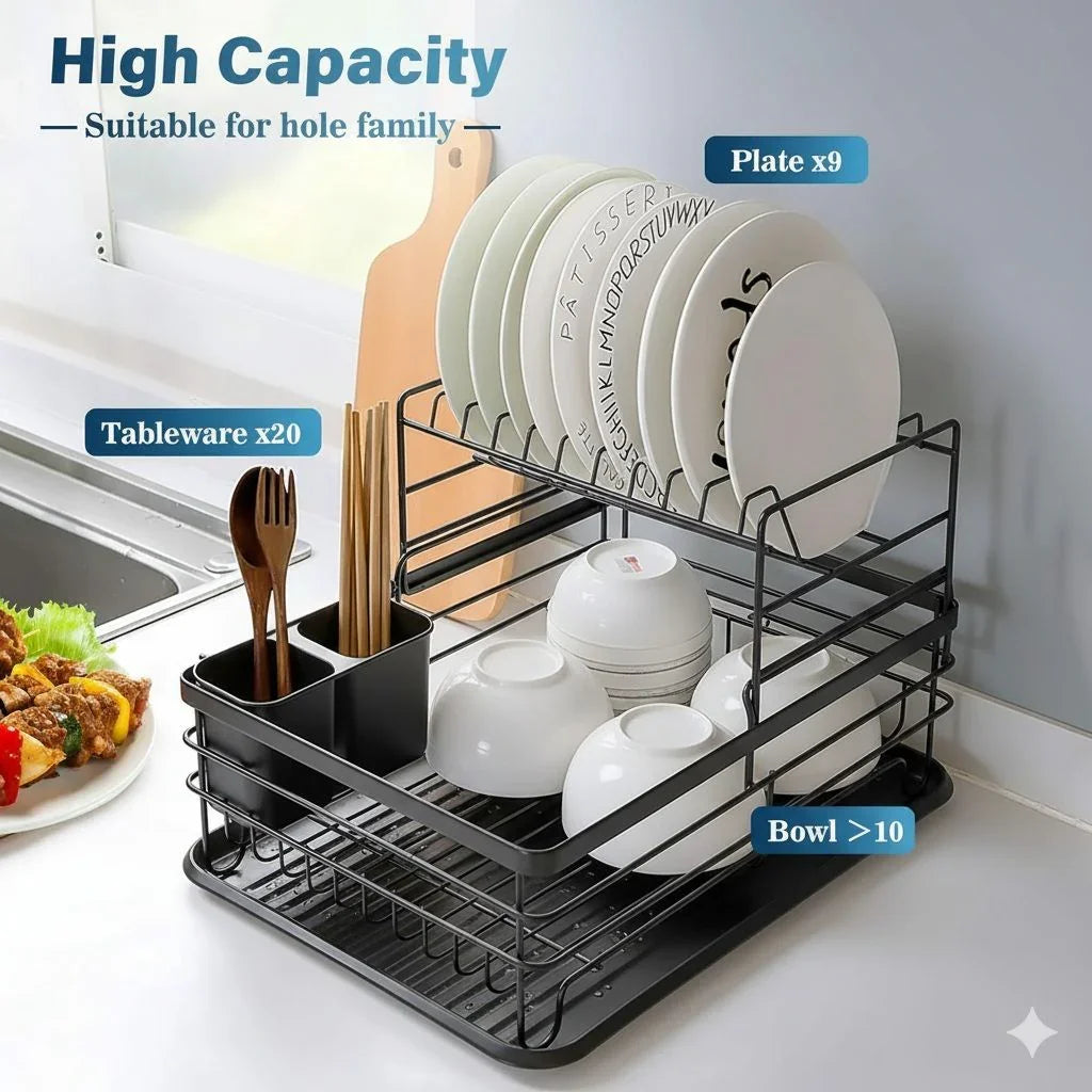 2-Tier Dish Drying Rack for Kitchen Counter with Removable Drip Tray, Utensil Holder and Cutlery Organizer (Black)