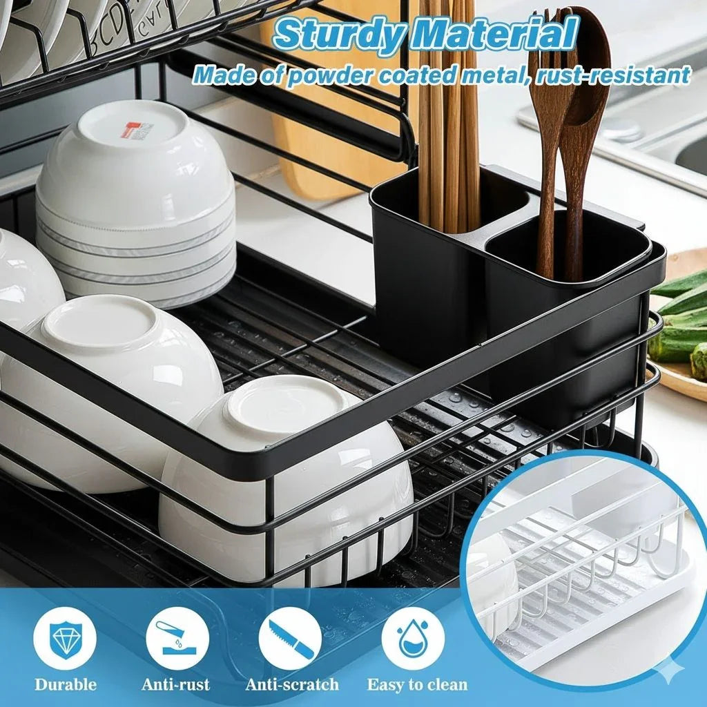 2-Tier Dish Drying Rack for Kitchen Counter with Removable Drip Tray, Utensil Holder and Cutlery Organizer (Black)