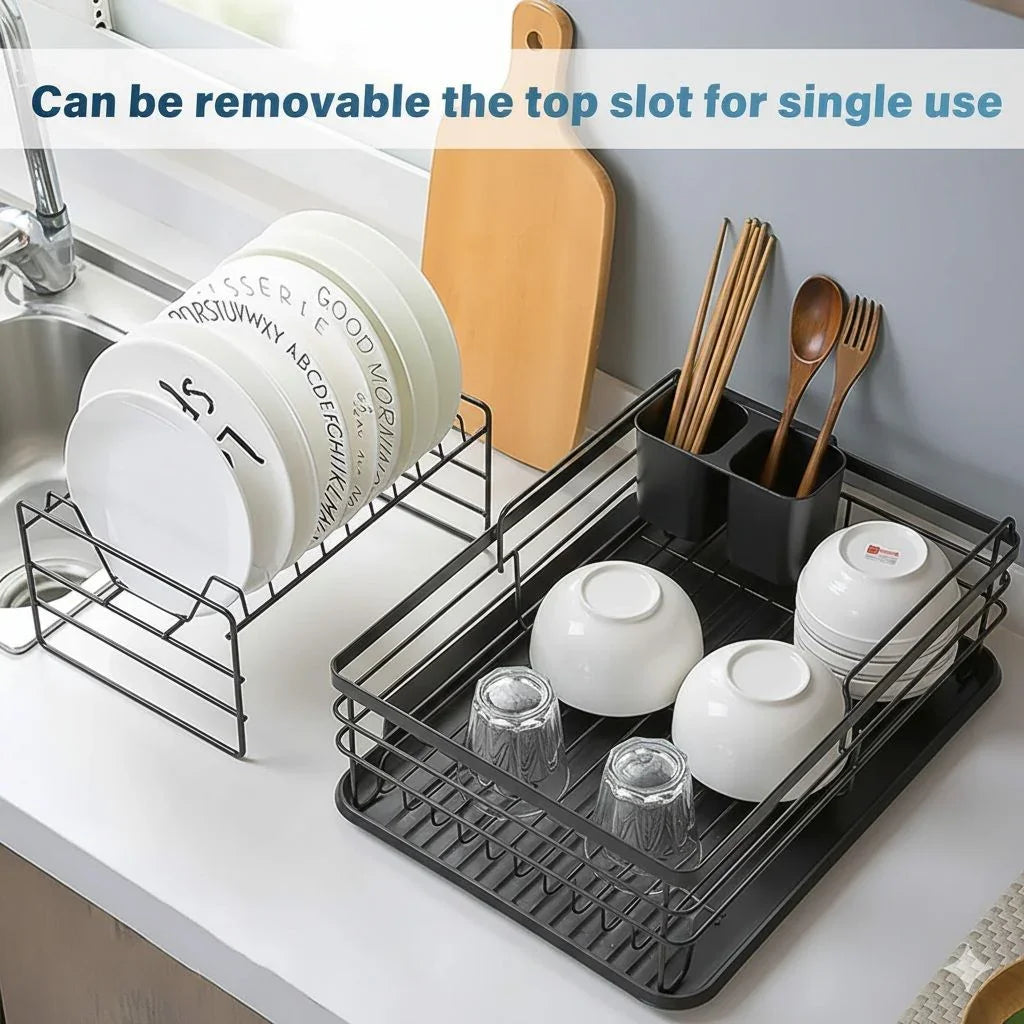 2-Tier Dish Drying Rack for Kitchen Counter with Removable Drip Tray, Utensil Holder and Cutlery Organizer (Black)