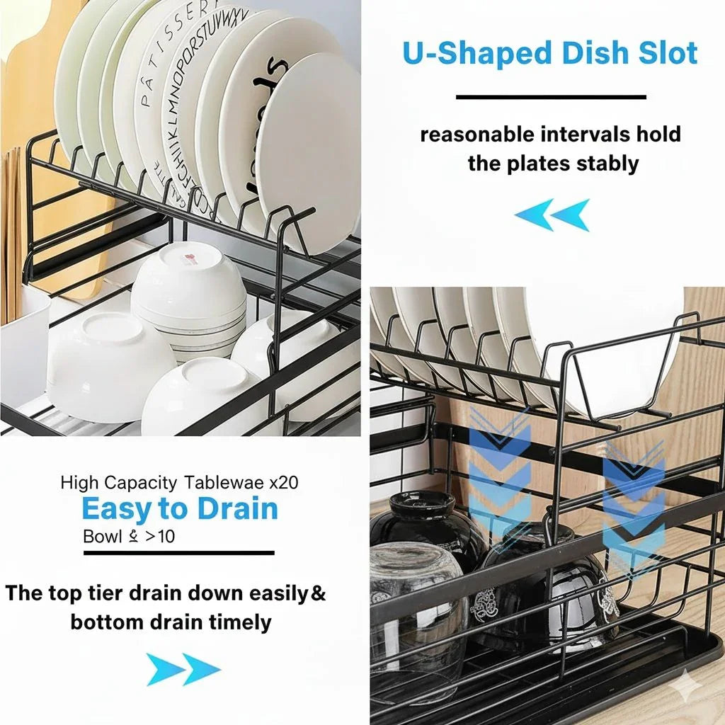 2-Tier Dish Drying Rack for Kitchen Counter with Removable Drip Tray, Utensil Holder and Cutlery Organizer (Black)