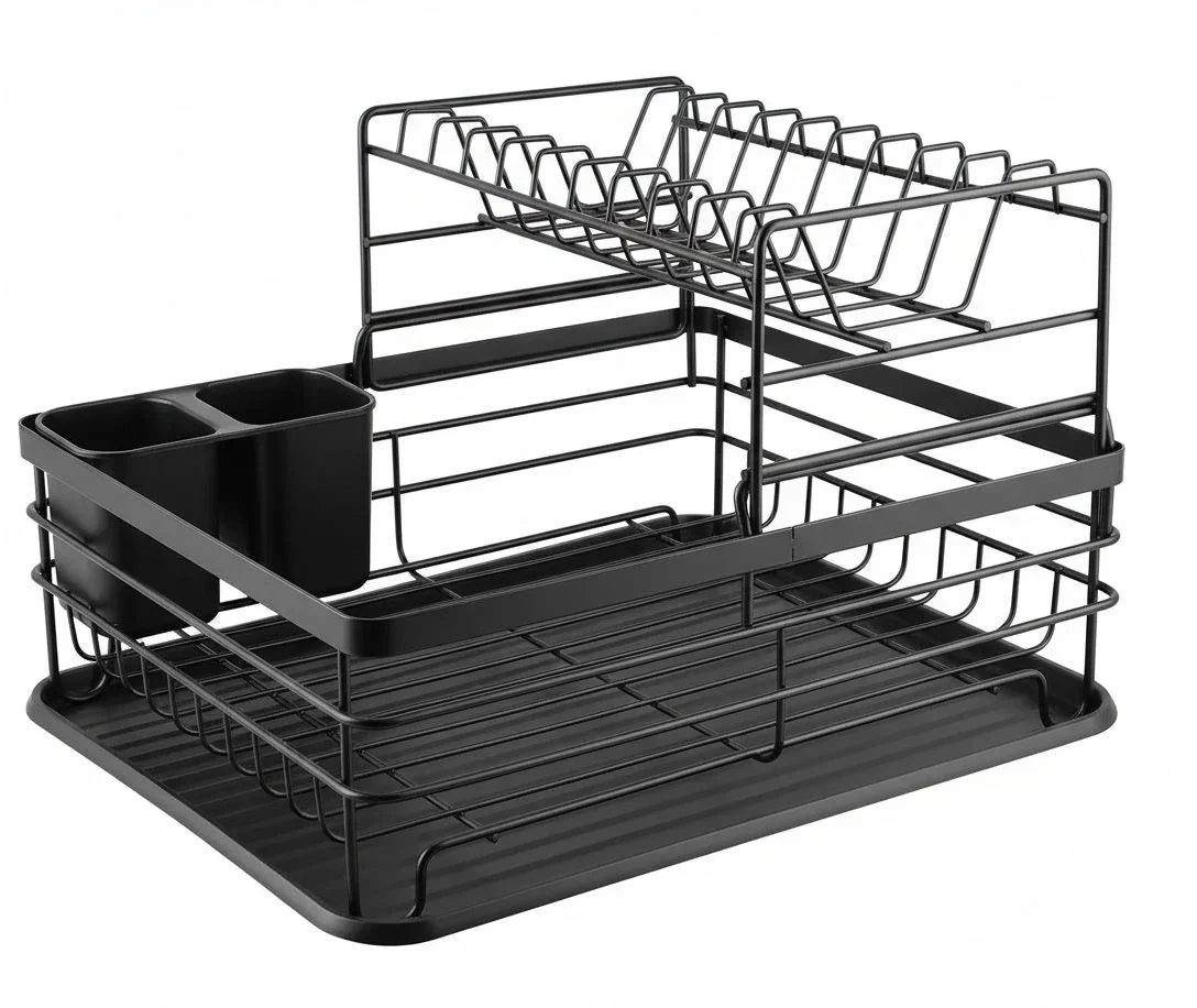2-Tier Dish Drying Rack for Kitchen Counter with Removable Drip Tray, Utensil Holder and Cutlery Organizer (Black)