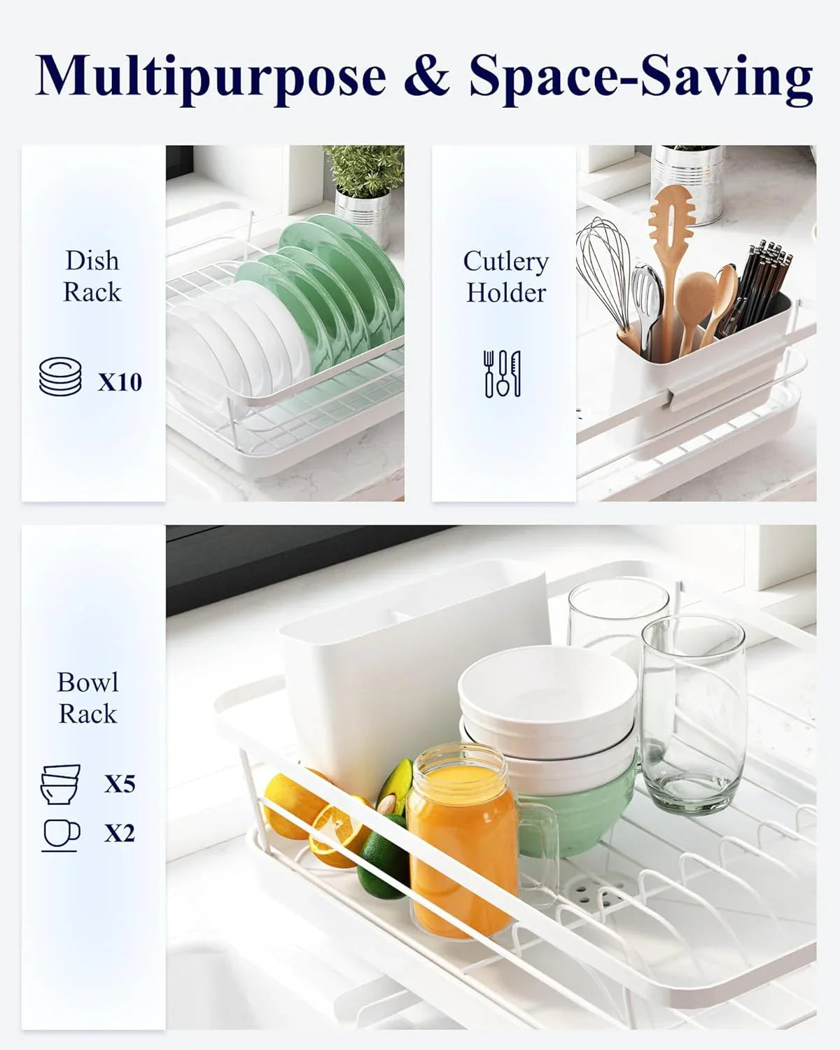 Dish Drying Rack for Kitchen Counter with Removable Drip Tray, Utensil Holder and Cutlery Organizer