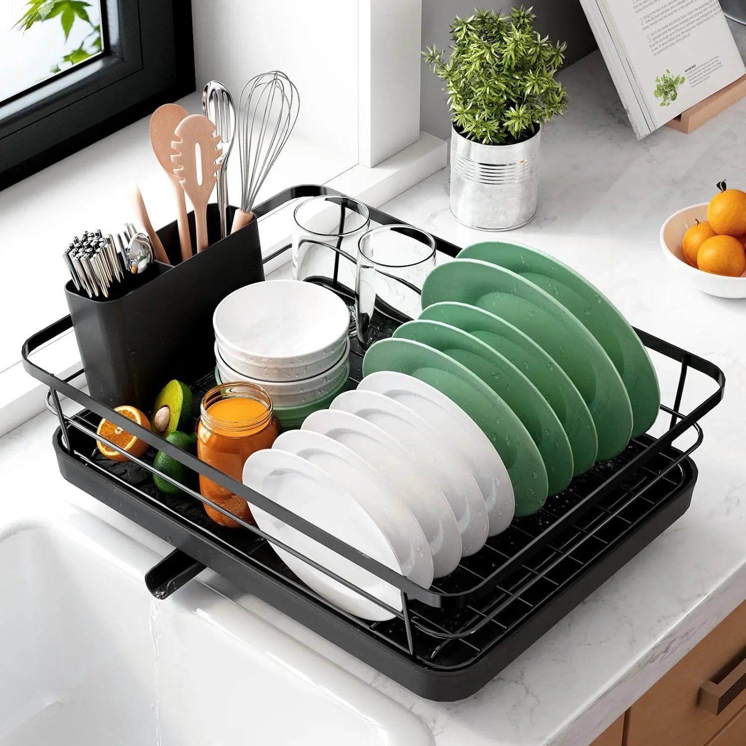 Dish Drying Rack for Kitchen Counter with Removable Drip Tray, Utensil Holder and Cutlery Organizer