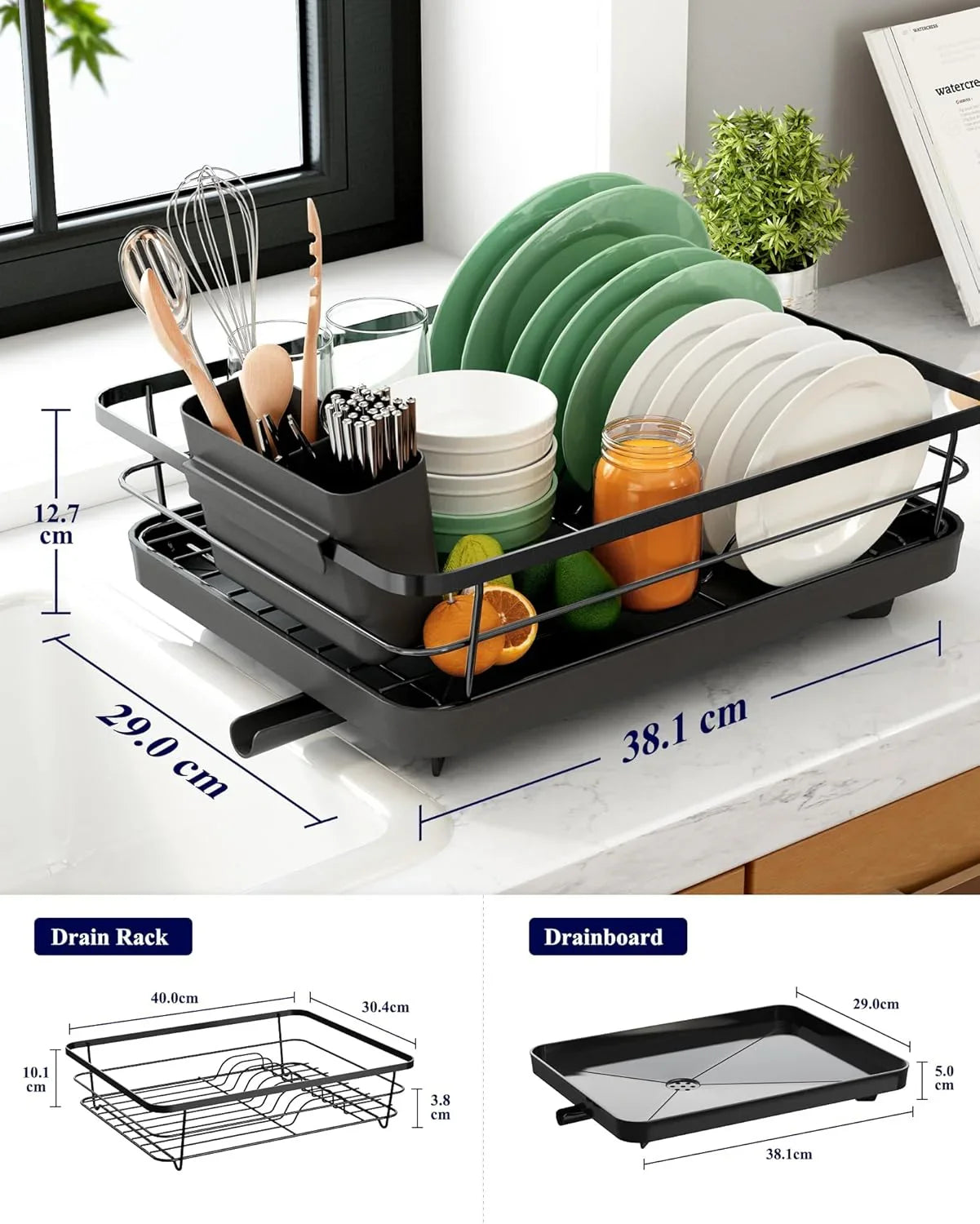 Dish Drying Rack for Kitchen Counter with Removable Drip Tray, Utensil Holder and Cutlery Organizer
