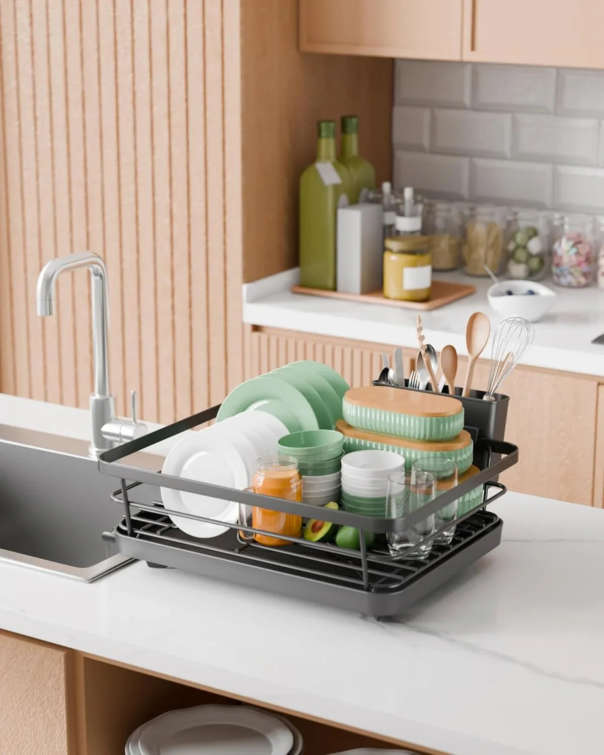 Dish Drying Rack for Kitchen Counter with Removable Drip Tray, Utensil Holder and Cutlery Organizer