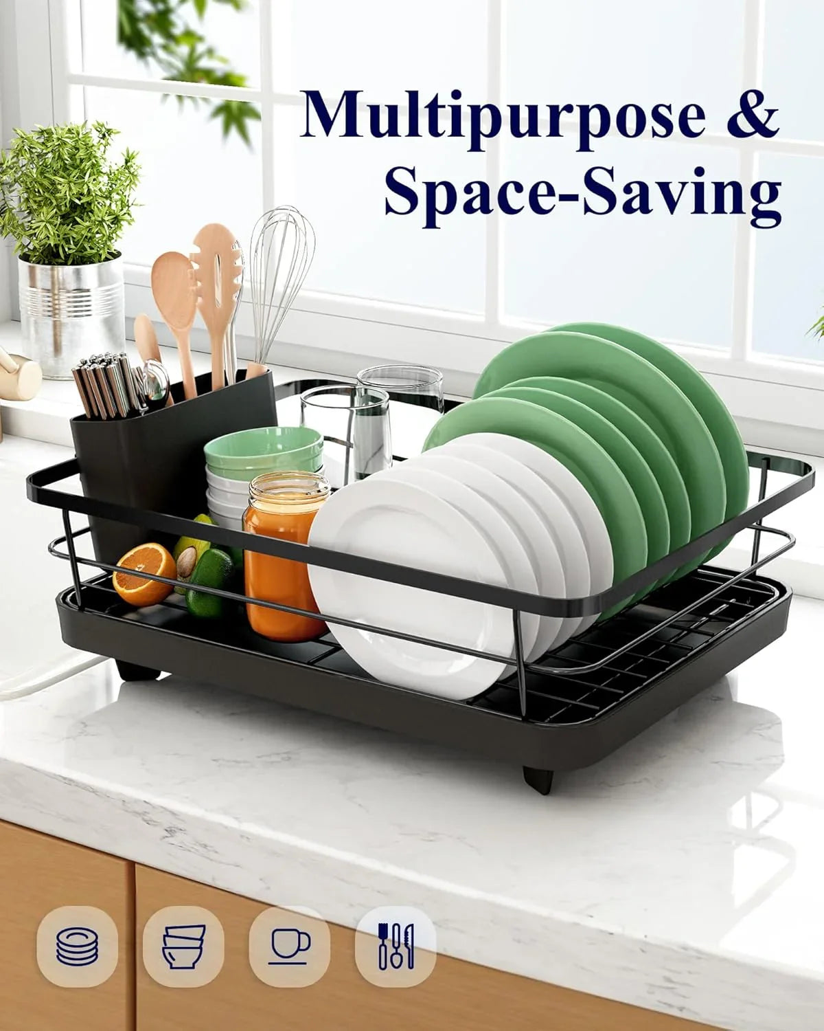Dish Drying Rack for Kitchen Counter with Removable Drip Tray, Utensil Holder and Cutlery Organizer
