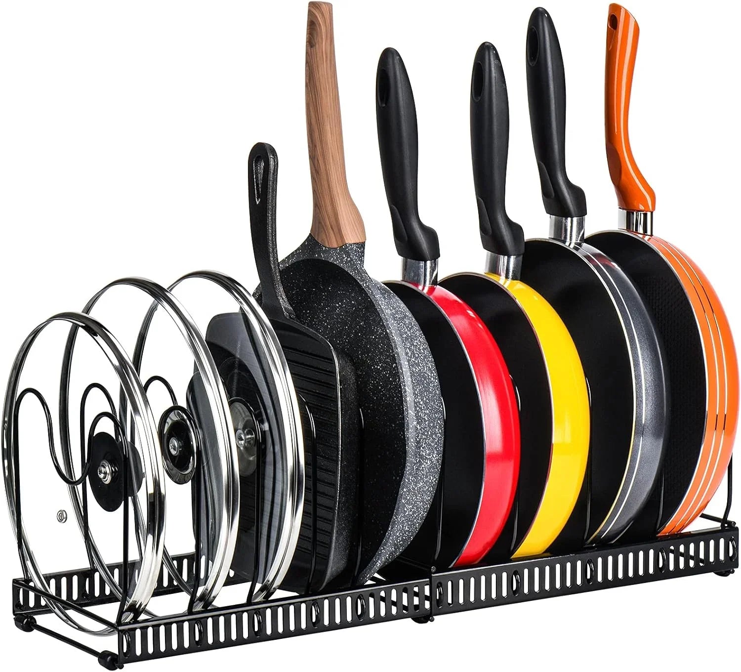 Expandable Pot and Pan Organizer Rack for Cabinet with 10 Adjustable Dividers, Lid & Cookware Holder for Kitchen Pantry or Countertop Storage