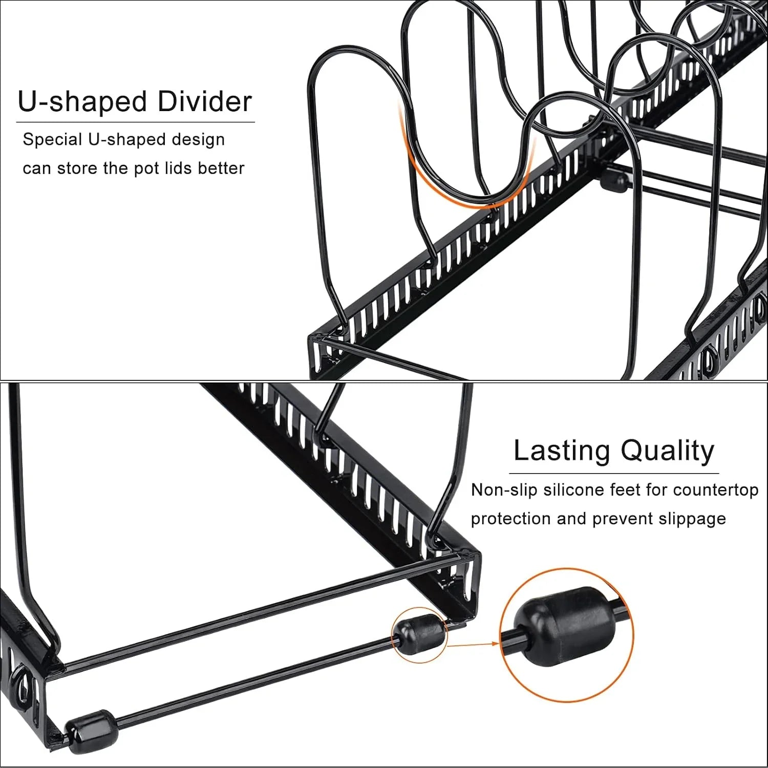 Expandable Pot and Pan Organizer Rack for Cabinet with 10 Adjustable Dividers, Lid & Cookware Holder for Kitchen Pantry or Countertop Storage