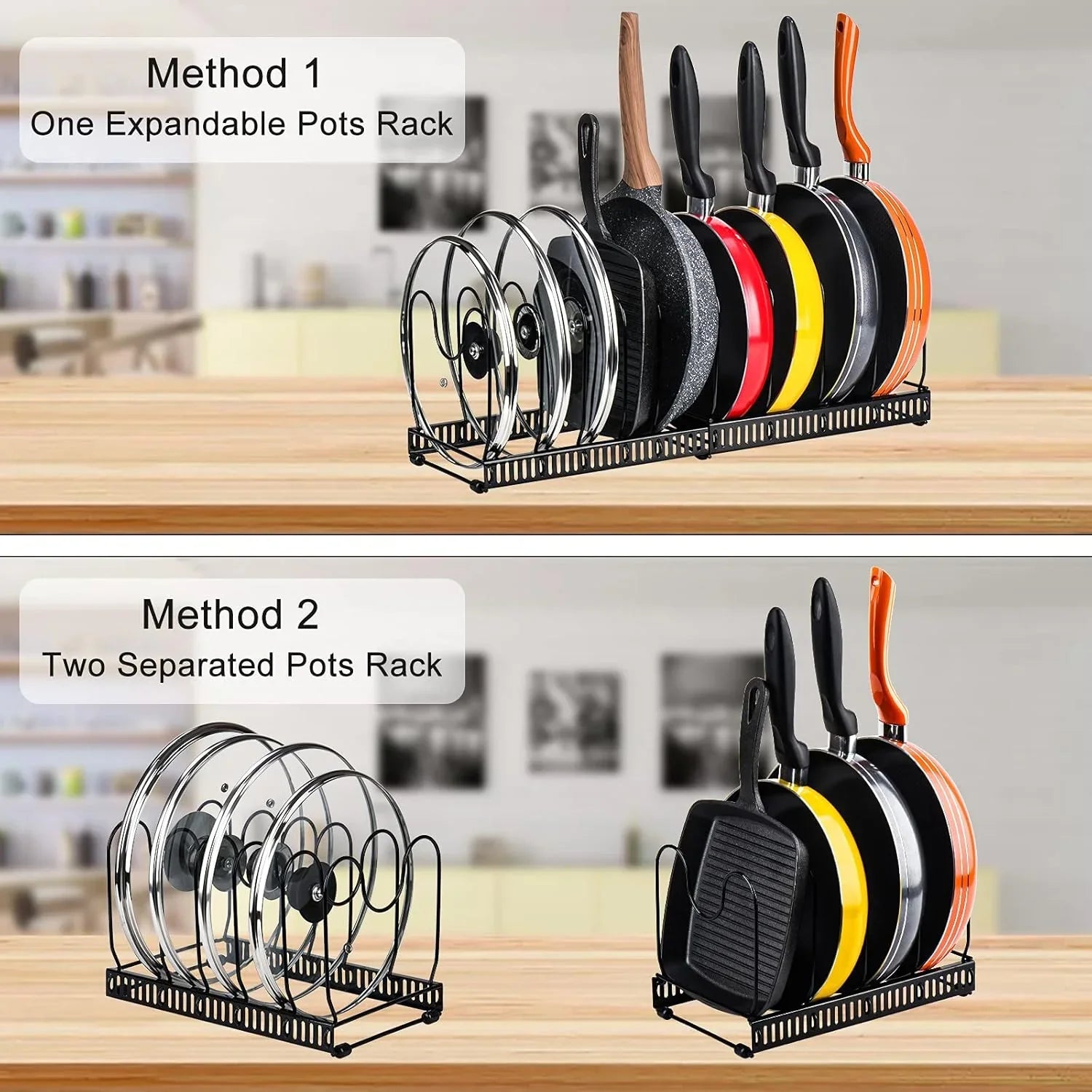 Expandable Pot and Pan Organizer Rack for Cabinet with 10 Adjustable Dividers, Lid & Cookware Holder for Kitchen Pantry or Countertop Storage