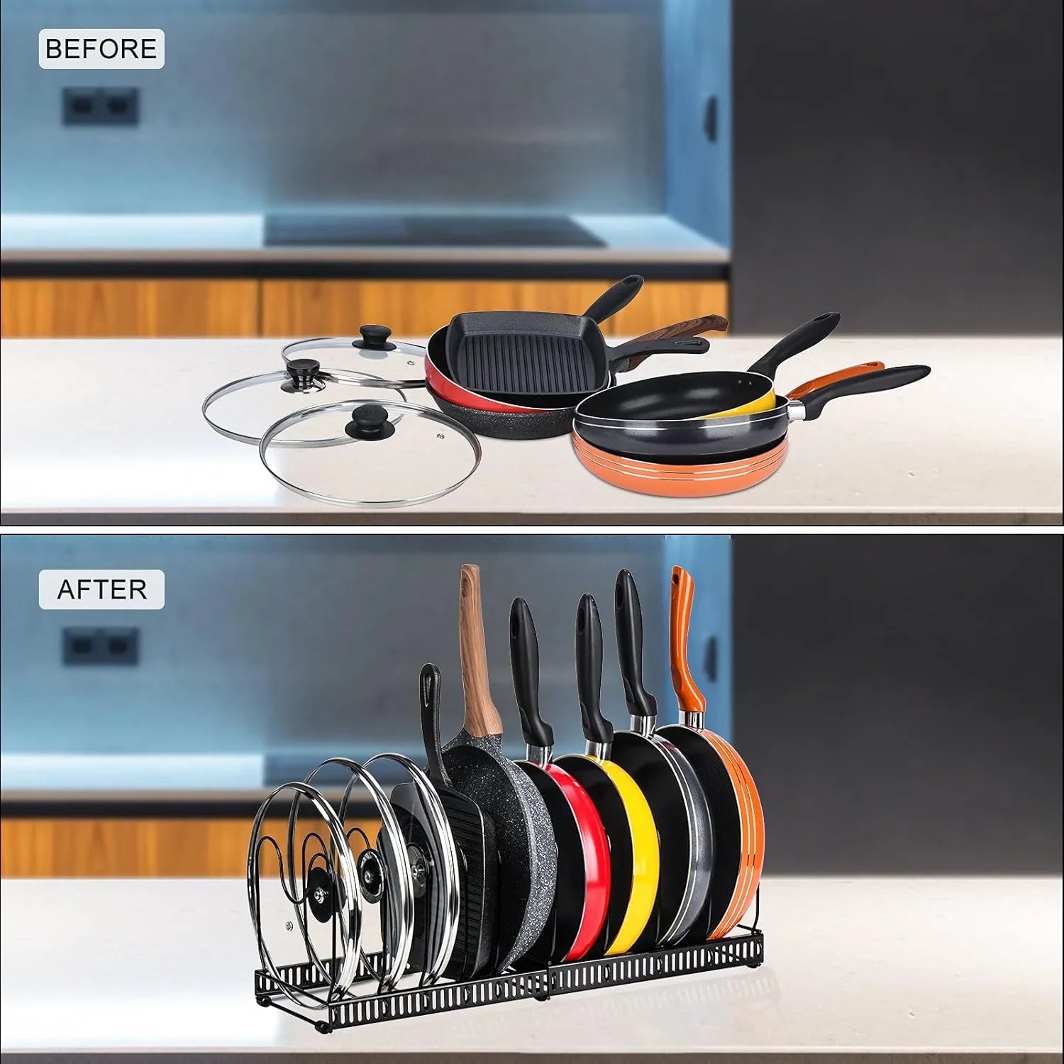 Expandable Pot and Pan Organizer Rack for Cabinet with 10 Adjustable Dividers, Lid & Cookware Holder for Kitchen Pantry or Countertop Storage