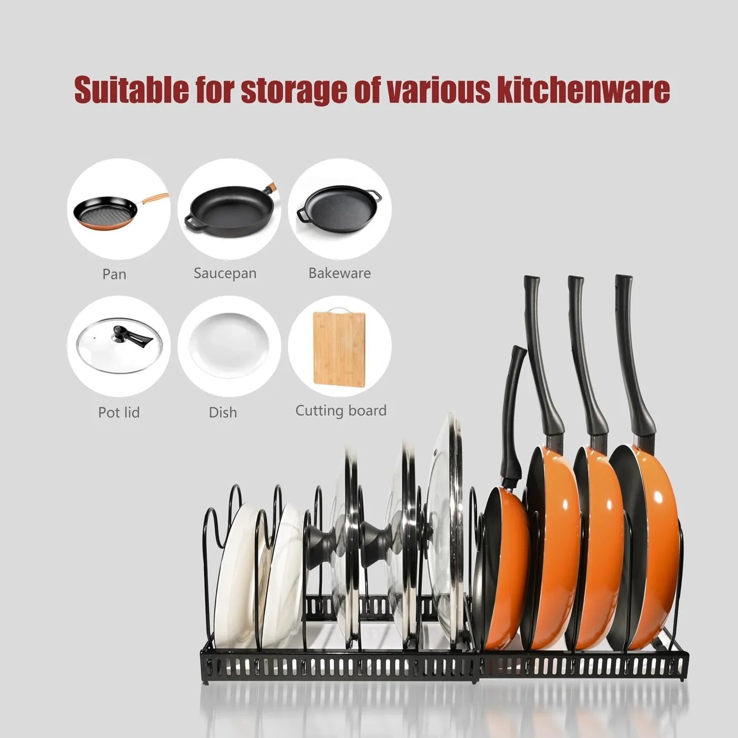 Expandable Pot and Pan Organizer Rack for Cabinet with 10 Adjustable Dividers, Lid & Cookware Holder for Kitchen Pantry or Countertop Storage