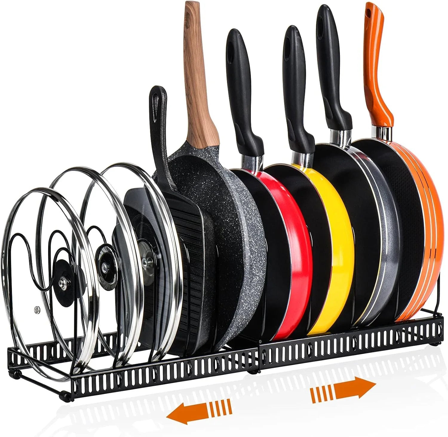 Expandable Pot and Pan Organizer Rack for Cabinet with 10 Adjustable Dividers, Lid & Cookware Holder for Kitchen Pantry or Countertop Storage