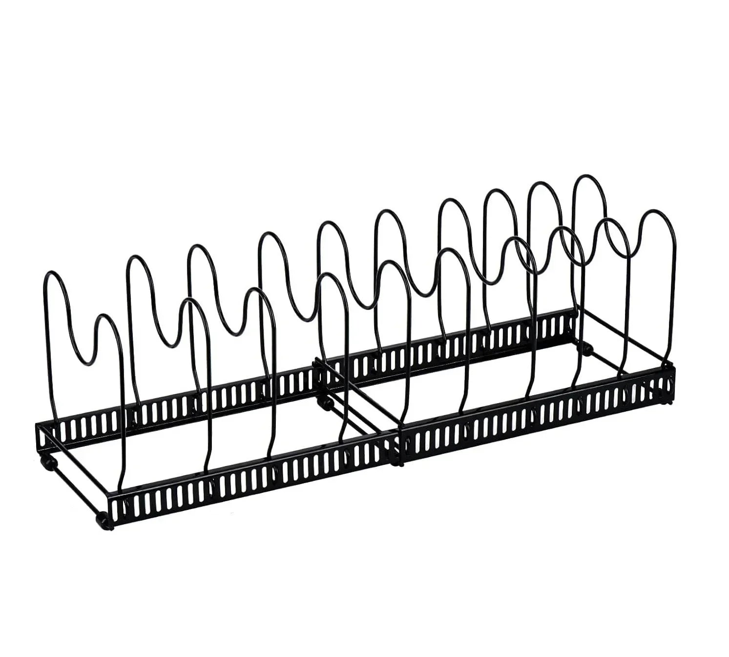 Expandable Pot and Pan Organizer Rack for Cabinet with 10 Adjustable Dividers, Lid & Cookware Holder for Kitchen Pantry or Countertop Storage