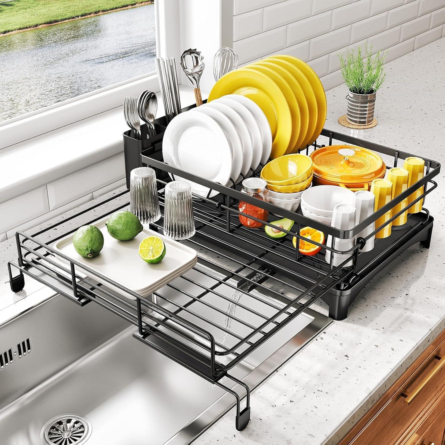 Expandable Dish Drying Rack with Drainage Spout, Utensil Holder & Drainboardfor Kitchen Countertop Organizer (1 tier)