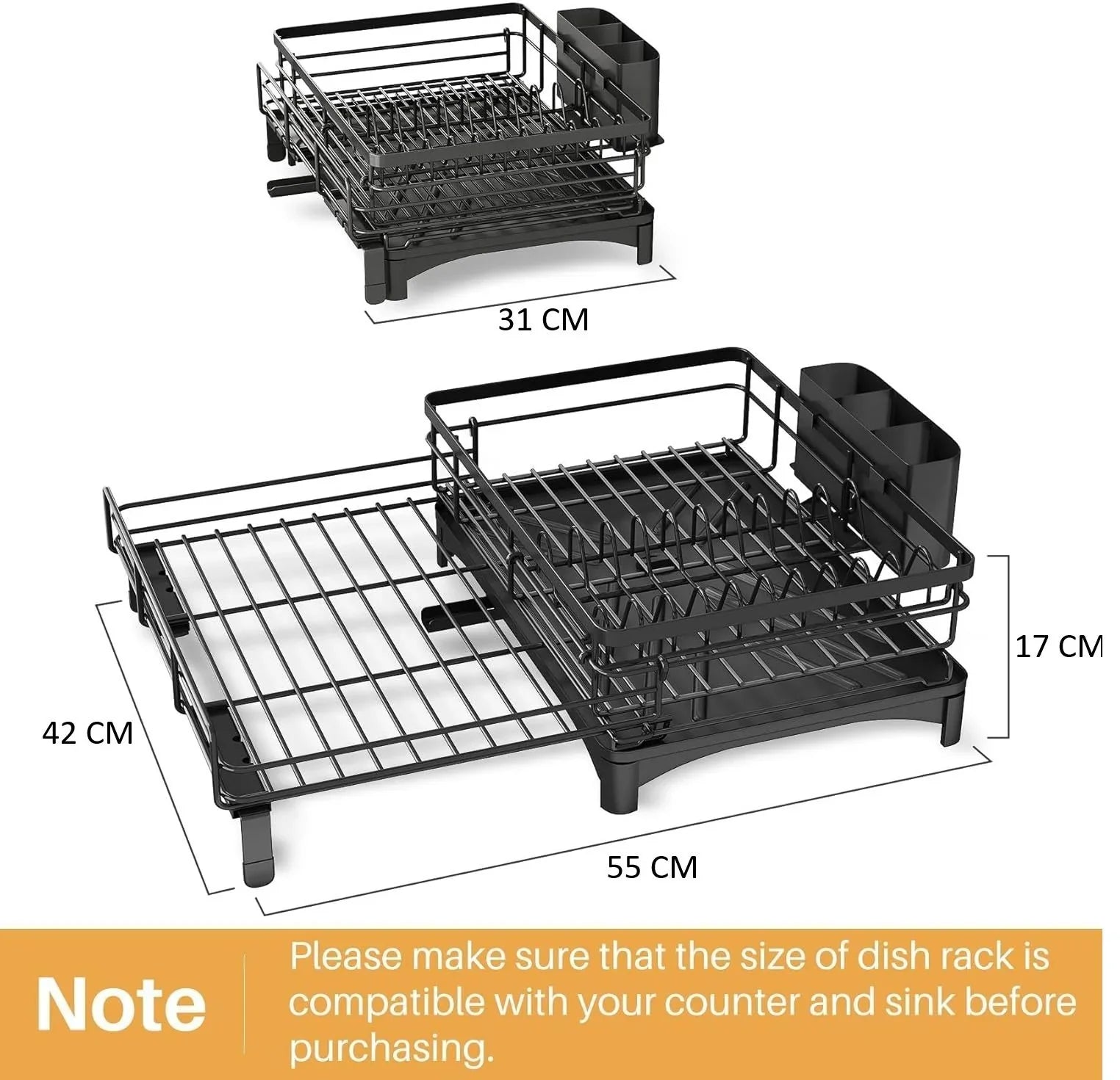 Expandable Dish Drying Rack with Drainage Spout, Utensil Holder & Drainboardfor Kitchen Countertop Organizer (1 tier)