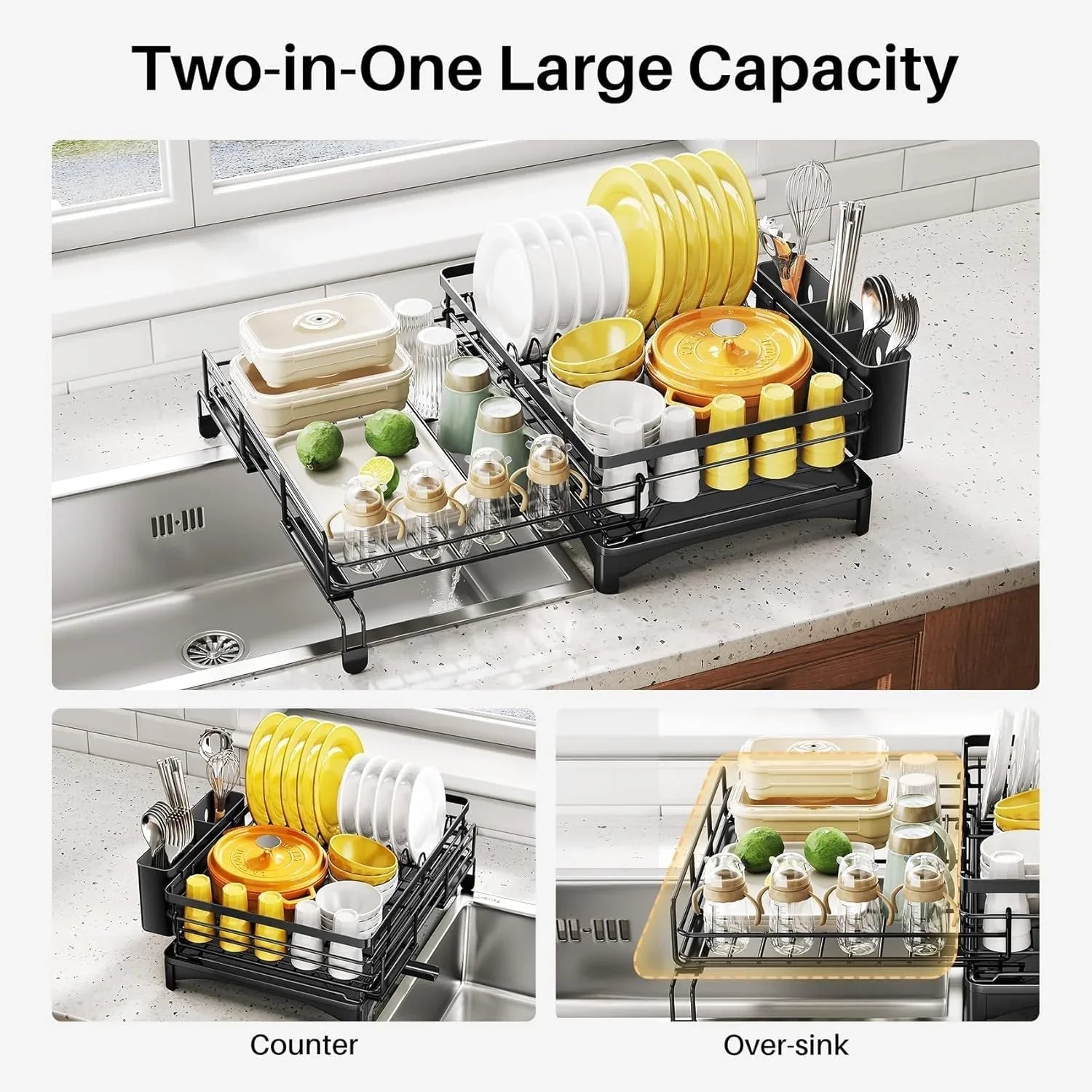 Expandable Dish Drying Rack with Drainage Spout, Utensil Holder & Drainboardfor Kitchen Countertop Organizer (1 tier)