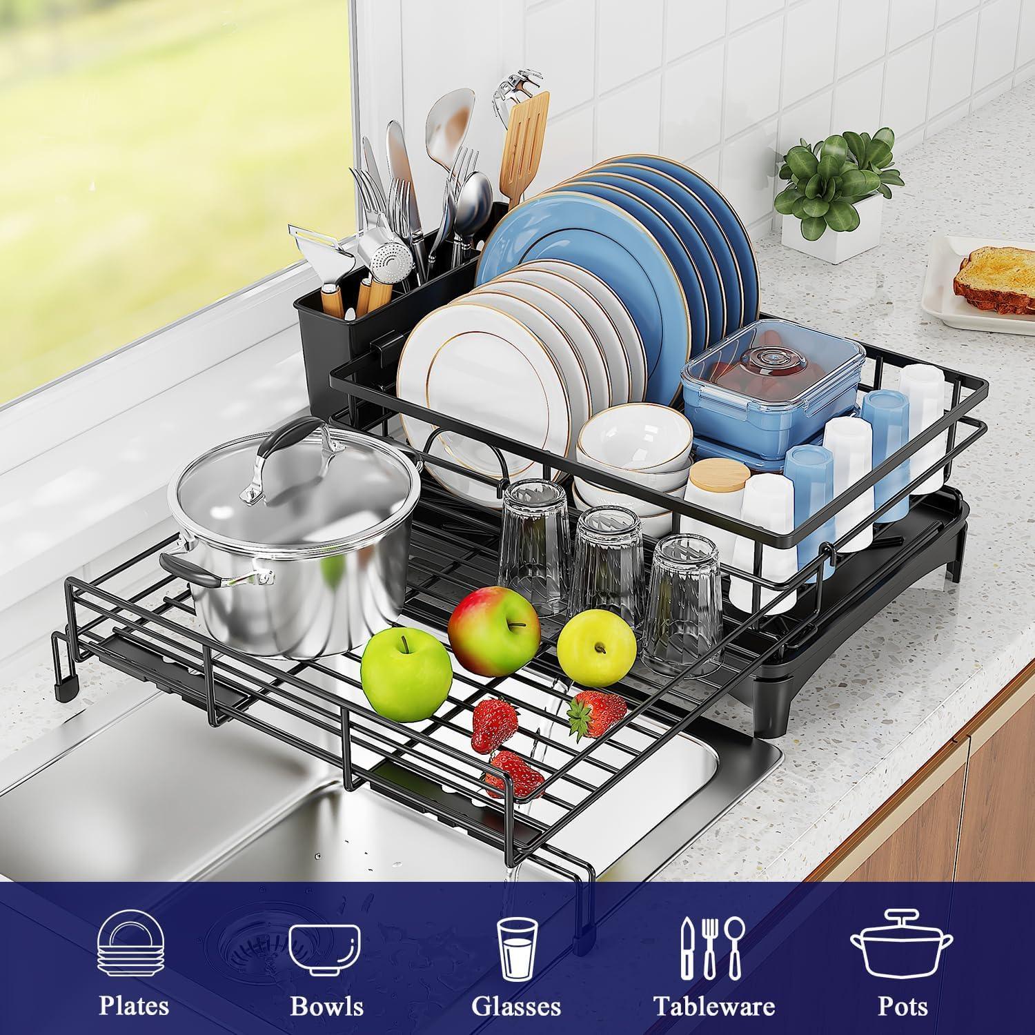 Expandable Dish Drying Rack with Drainage Spout, Utensil Holder & Drainboardfor Kitchen Countertop Organizer (1 tier)