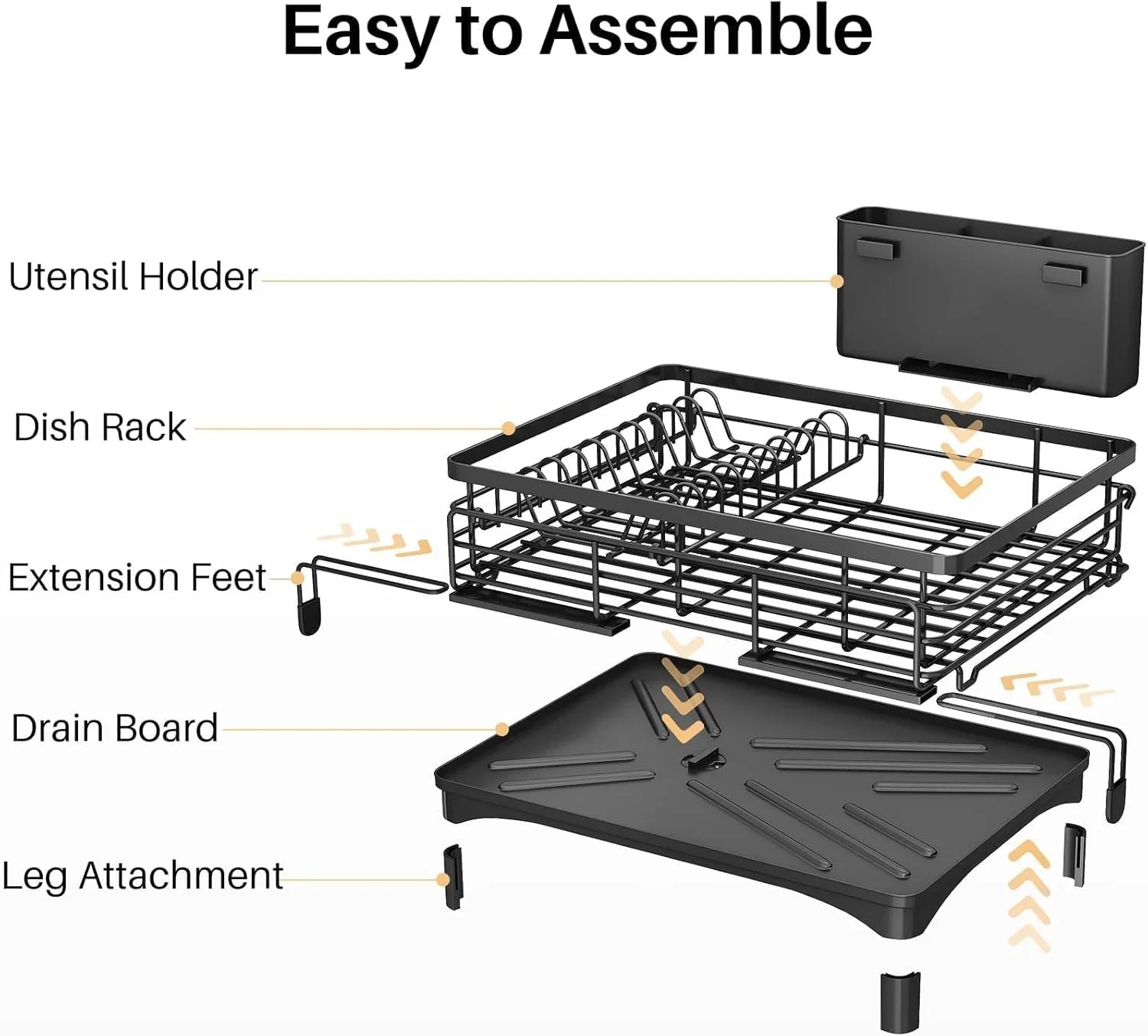 Expandable Dish Drying Rack with Drainage Spout, Utensil Holder & Drainboardfor Kitchen Countertop Organizer (1 tier)