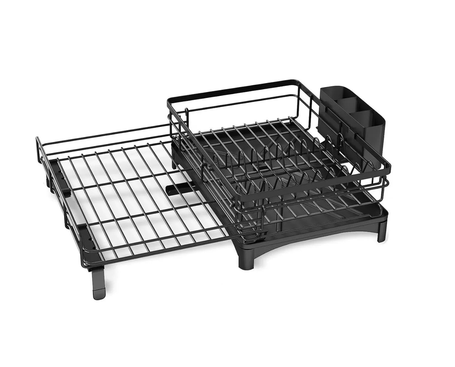 Expandable Dish Drying Rack with Drainage Spout, Utensil Holder & Drainboardfor Kitchen Countertop Organizer (1 tier)