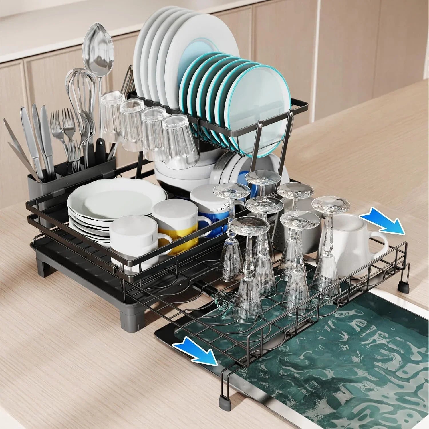 Expandable Dish Drying Rack with Drainage Spout, Utensil Holder & Drainboardfor Kitchen Countertop Organizer (2 tier)