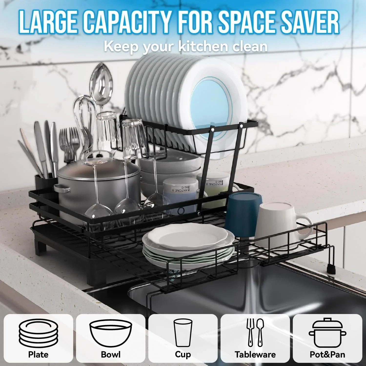 Expandable Dish Drying Rack with Drainage Spout, Utensil Holder & Drainboardfor Kitchen Countertop Organizer (2 tier)